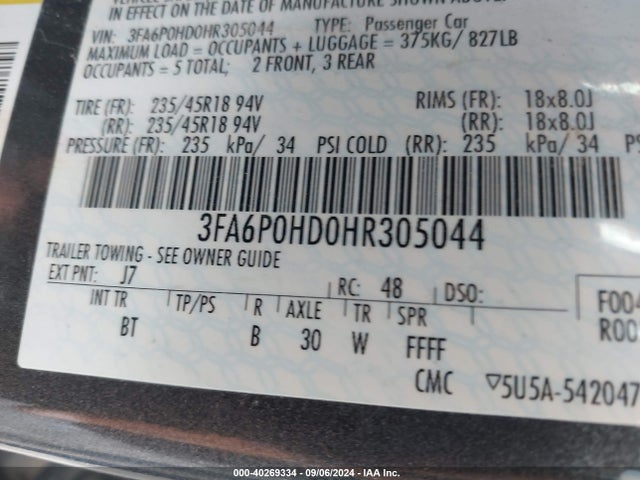 Ford FUSION SE 2017 3FA6POHDOHR305044 Image 9