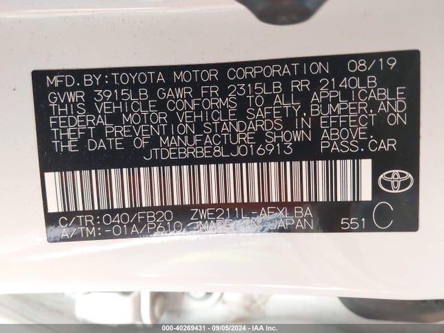 JTDEBRBE8LJ016913 Toyota Corolla Hybrid Le
