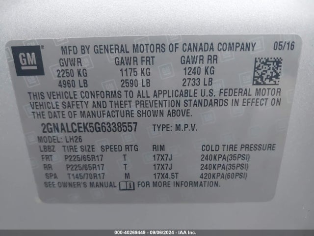 Chevrolet EQUINOX LT 2016 2GNALCEK5G6338557 Image 9