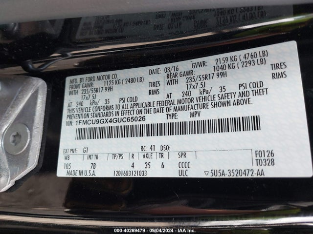 Ford ESCAPE SE 2016 1FMCU9GX4GUC65026 Image 9