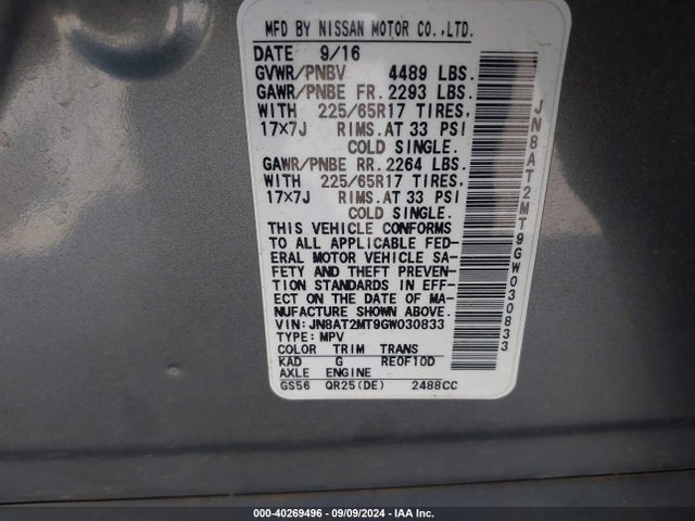 Продаж на аукціоні авто 2016 Nissan Rogue Sv, vin: JN8AT2MT9GW030833, номер лоту: 40269496