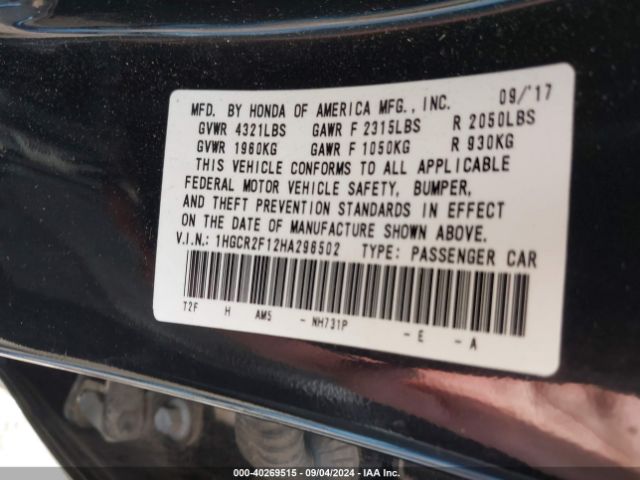 1HGCR2F12HA296502 Honda Accord Sport Se