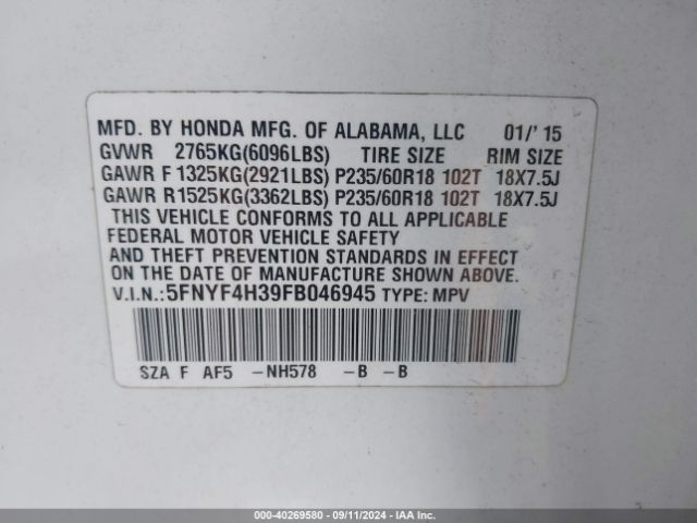 5FNYF4H39FB046945 Honda PILOT SE