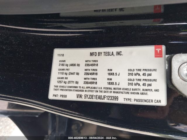 5YJ3E1EA0JF123399 Tesla Model 3 Long Range/mid Range