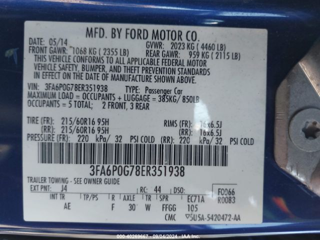 3FA6P0G78ER351938 Ford FUSION S