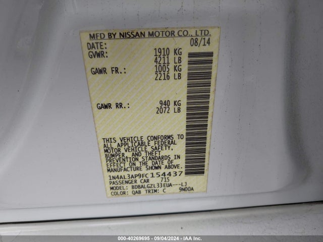 Nissan Altima 2.5 S 2015 1N4AL3AP9FC154437 Image 9