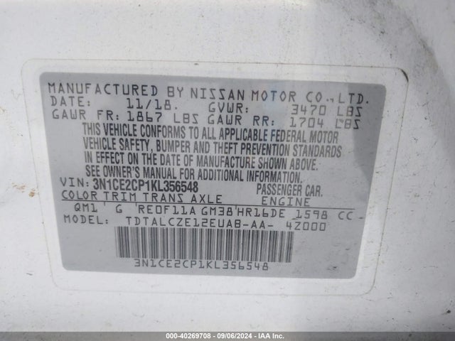 3N1CE2CP1KL356548 Nissan Versa Note S