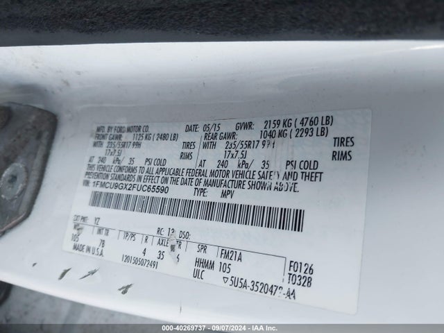 Ford ESCAPE SE 2015 1FMCU9GX2FUC65590 Image 9