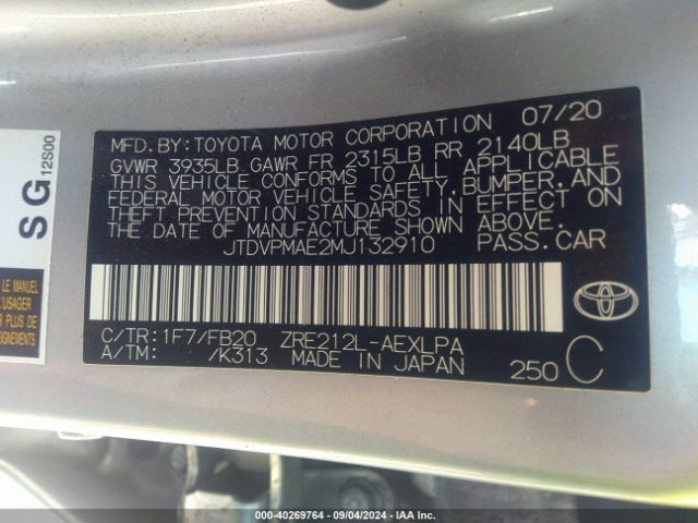 JTDVPMAE2MJ132910 Toyota COROLLA LE