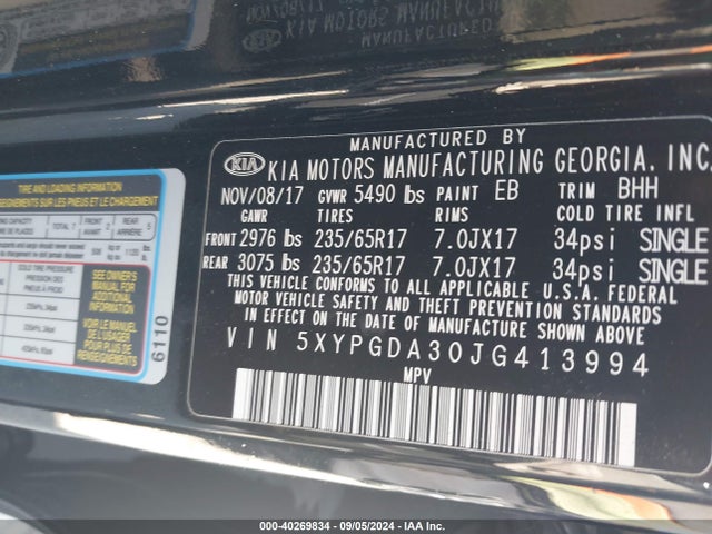 KIA Sorento 2.4l Lx 2018 5XYPGDA30JG413994 Image 9