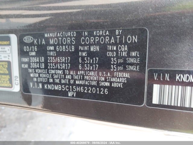 KIA SEDONA LX 2017 KNDMB5C15H6220126 Image 9