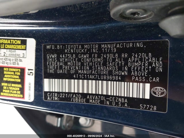 Toyota CAMRY LE 2020 4T1C11AK7LU896984 Image 9