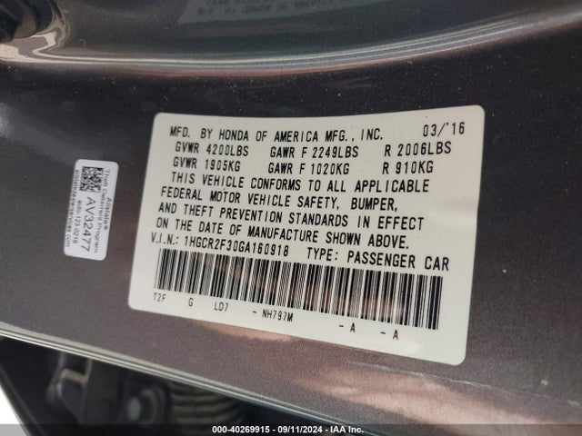 Honda ACCORD LX 2016 1HGCR2F30GA160918 Image 9