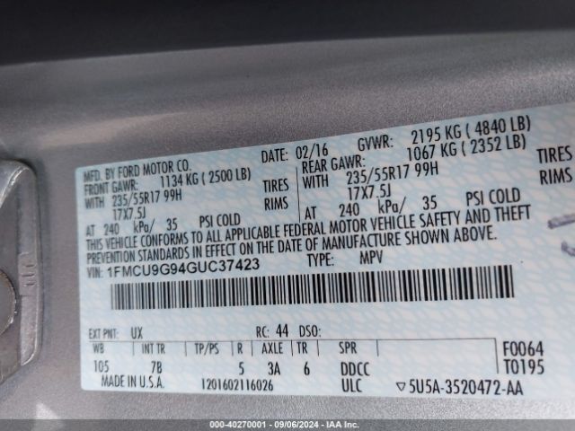1FMCU9G94GUC37423 Ford ESCAPE SE