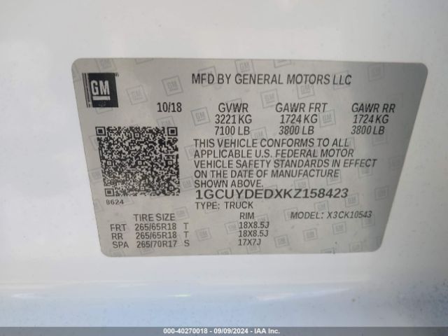 1GCUYDEDXKZ158423 Chevrolet Silverado 1500 Lt