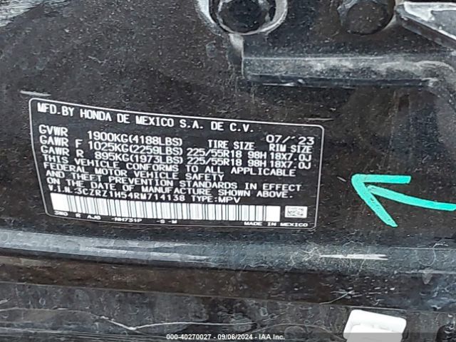 3CZRZ1H54RM714138 Honda Hr-v 2wd Sport/2wd Sport W/o Bsi