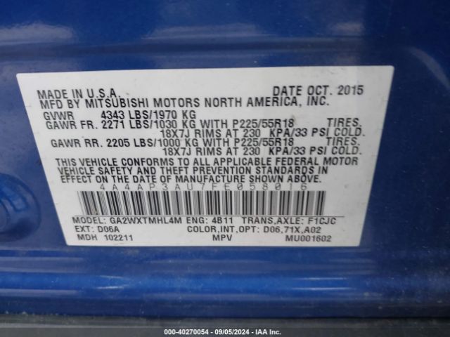 4A4AP3AU7FE058016 Mitsubishi Outlander Sport Es