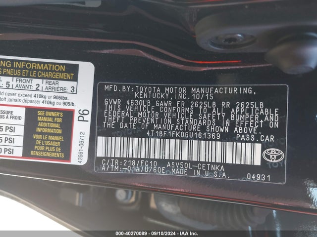 Toyota CAMRY LE 2016 4T1BF1FK0GU161369 Image 9