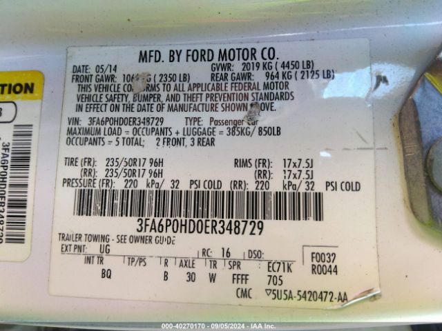 3FA6P0HD0ER348729 Ford FUSION SE