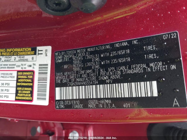 Toyota Highlander Xle 2022 5TDHZRAH4NS554194 Image 9