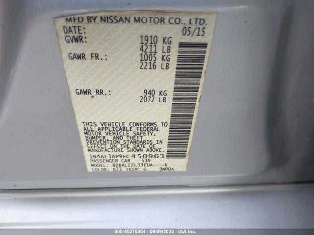 1N4AL3AP9FC450963 Nissan Altima 2.5 Sv