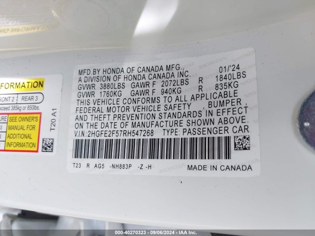Honda Civic Sport 2024 2HGFE2F57RH547268 Image 9