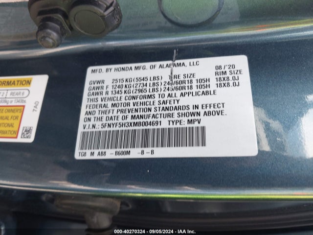 Honda Pilot 2wd Ex 2021 5FNYF5H3XMB004691 Image 9