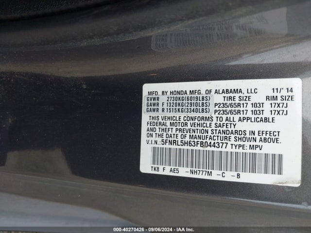 Honda Odyssey Ex-l 2015 5FNRL5H63FB044377 Image 9
