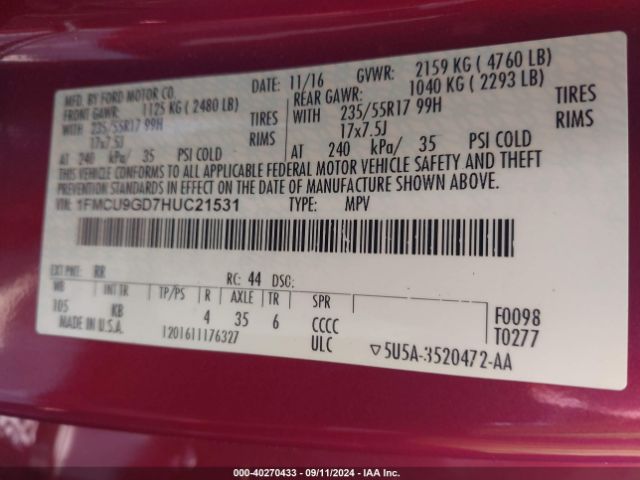 1FMCU9GD7HUC21531 Ford ESCAPE SE