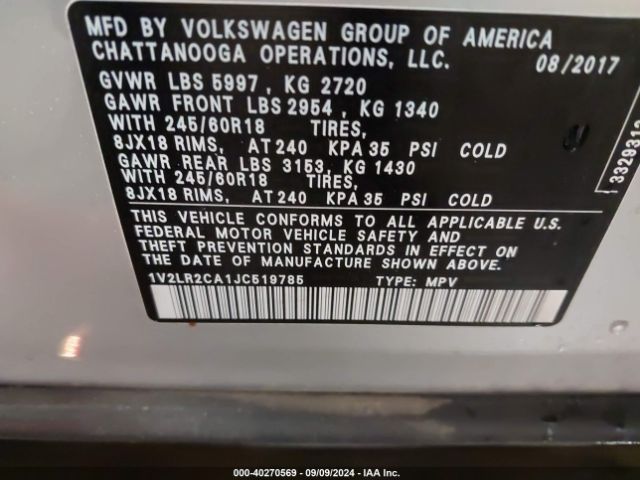 1V2LR2CA1JC519785 Volkswagen Atlas 3.6l V6 Se/3.6l V6 Se W/technology