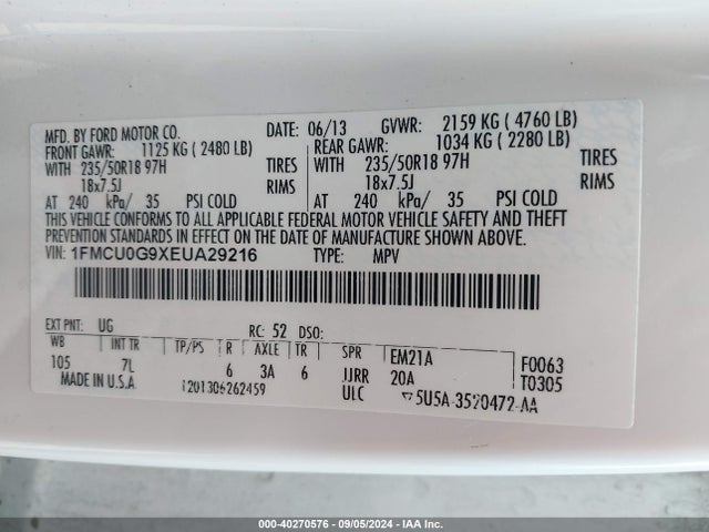 Ford ESCAPE SE 2014 1FMCU0G9XEUA29216 Image 9