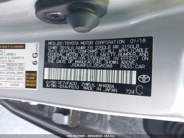 Toyota Prius Two Eco 2018 JTDKARFU1J3549288 Image 9