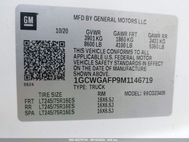 1GCWGAFP9M1146719 Chevrolet Express Cargo Rwd 2500 Regular Wheelbase Wt