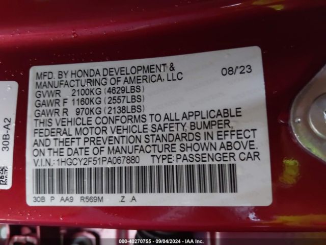 1HGCY2F51PA067880 Honda Accord Hybrid Sport