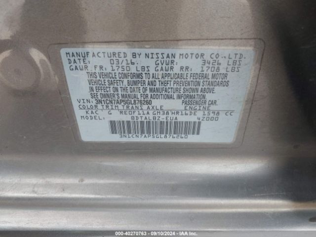 3N1CN7AP5GL876260 Nissan Versa 1.6 S/1.6 S+/1.6 Sl/1.6 Sv