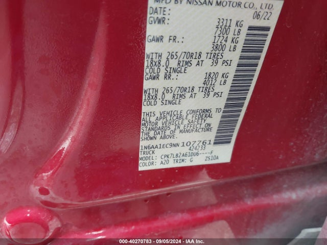 Nissan Titan Sv 4x4 2022 1N6AA1EC9NN107761 Image 9