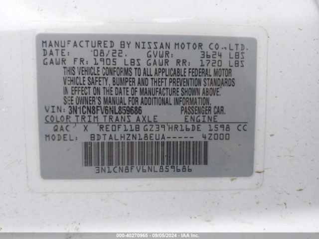 3N1CN8FV6NL859686 Nissan Versa 1.6 Sr Xtronic Cvt