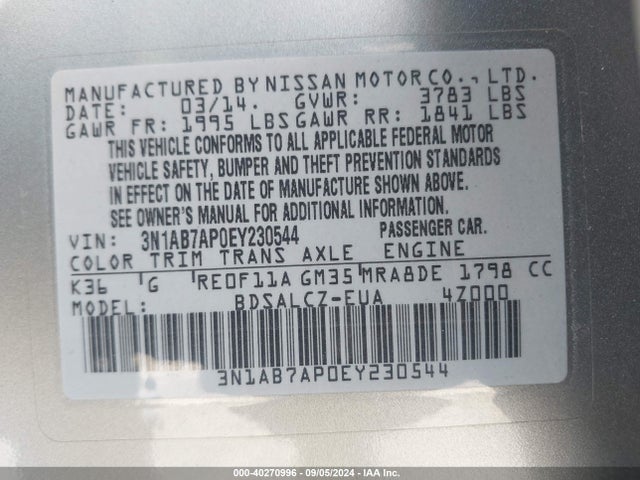 Nissan Sentra Fe+ S 2014 3N1AB7AP0EY230544 Image 9