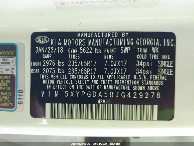 KIA Sorento 3.3l Lx 2018 5XYPGDA58JG429278 Image 9