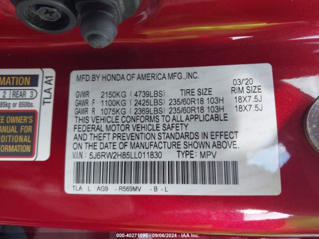 5J6RW2H85LL011830 Honda Cr-v Awd Ex-l