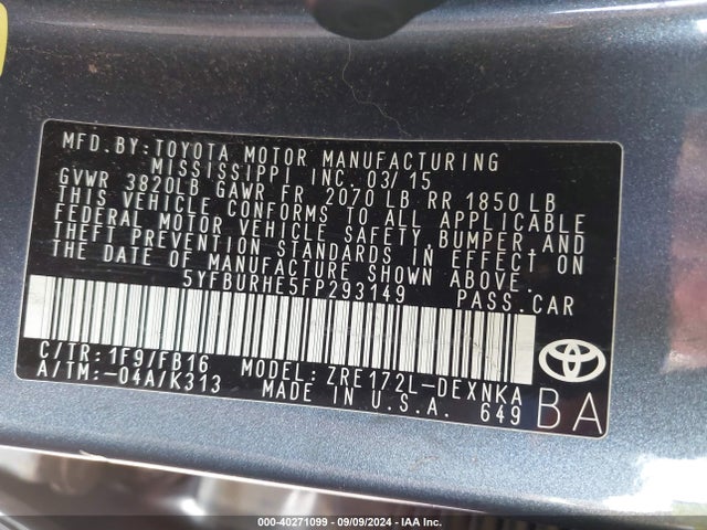Toyota COROLLA LE 2015 5YFBURHE5FP293149 Image 9