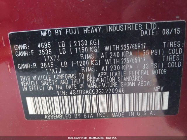 4S4BSACC3G3220946 Subaru Outback 2.5i Premium