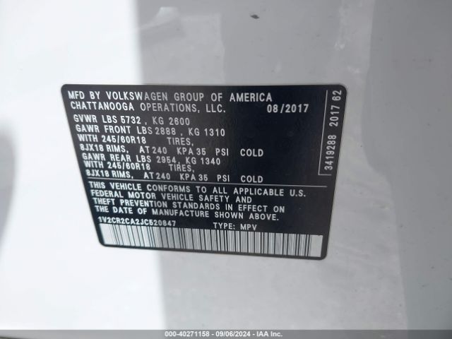 1V2CR2CA2JC520847 Volkswagen Atlas 3.6l V6 Se
