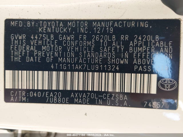 Toyota CAMRY SE 2020 4T1G11AK7LU911324 Image 9