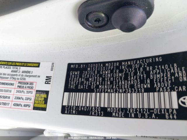 2022 TOYOTA COROLLA 5YFEPMAE2NP363318 Photo 8