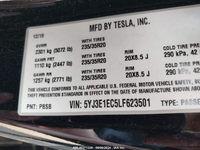 5YJ3E1EC5LF623501 Tesla Model 3 Performance Dual Motor All-wheel Drive