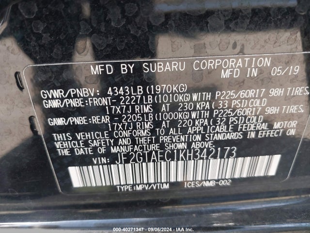 Subaru Crosstrek 2.0i Premium 2019 JF2GTAEC1KH342173 Image 9