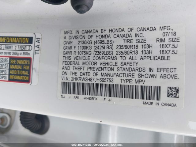 2HKRW2H87JH665753 Honda Cr-v Ex-l/ex-l Navi