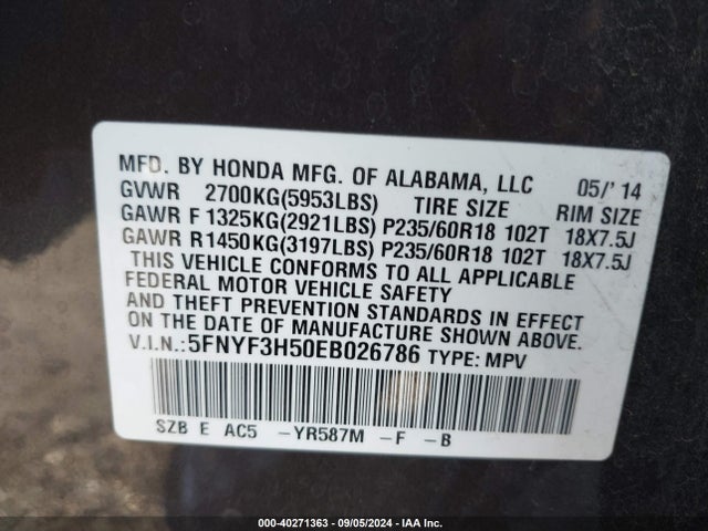 Honda Pilot Ex-l 2014 5FNYF3H50EB026786 Image 9