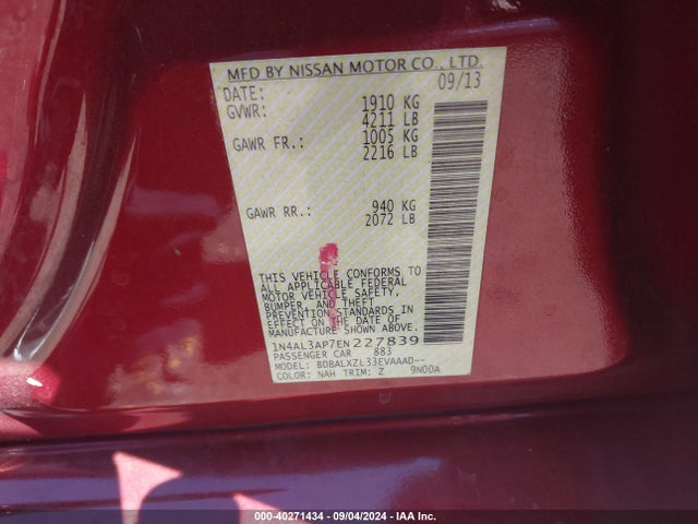 Nissan Altima 2.5 Sl 2014 1N4AL3AP7EN227839 Image 9
